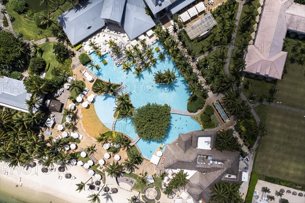 Aerial view The beach of Flic en Flac with luxury hotel Sugar Beach Resort & Spa and palm trees