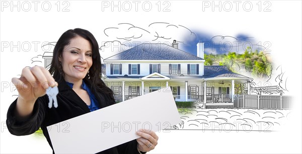 Hispanic woman holding keys and sold sign over house drawing and photo combination on white