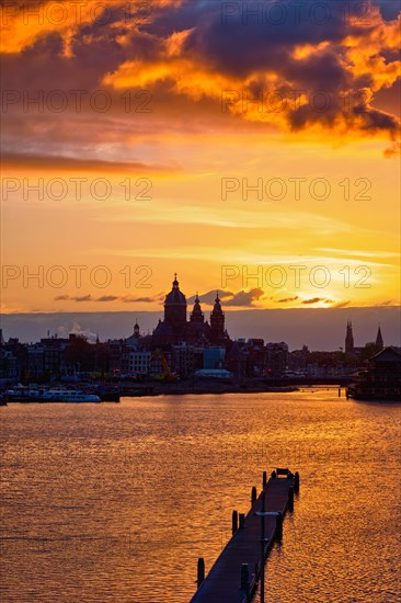 Amsterdam cityscape skyline with Church of Saint Nicholas