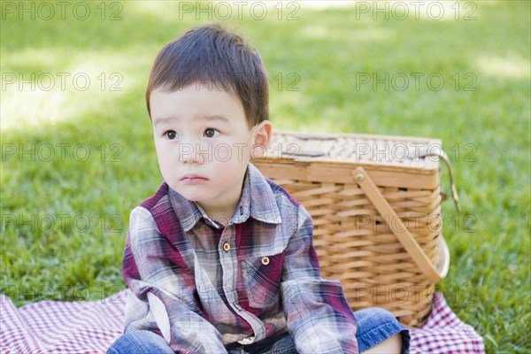 Cute young mixed-race boy sitting in park near picnic basket