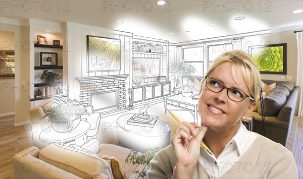 Woman with pencil over living room design drawing and photo combination