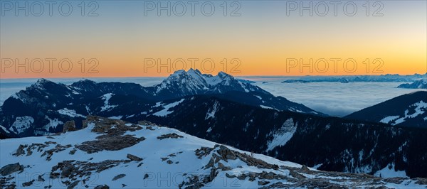 View from Rickhubel near Glaubenberg towards Pilatus with morning atmosphere