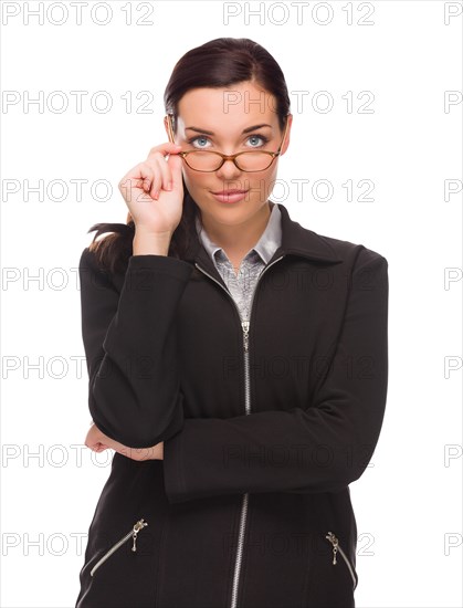 Serious mixed-race businesswoman isolated on a white background