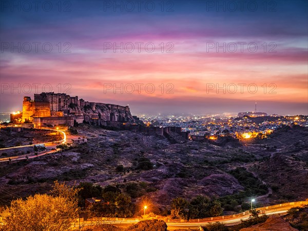 Famous indian tourist landmark Mehrangarh fort in twilight. Jodhpur