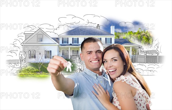 Military couple with keys over house drawing and photo combination on white