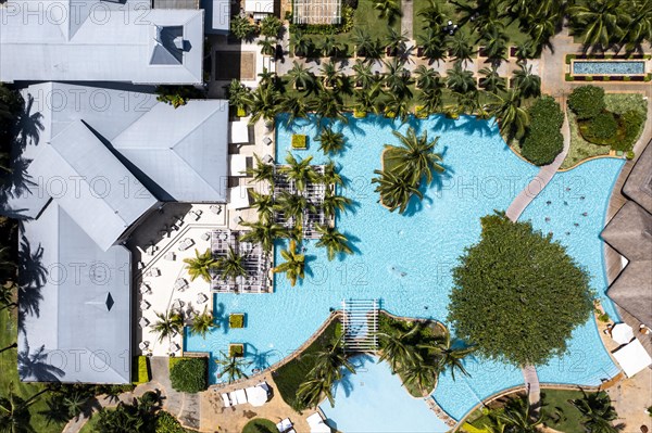 Aerial view The beach of Flic en Flac with luxury hotel Sugar Beach Resort & Spa and palm trees