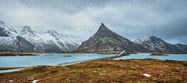 Panorama of Fredvang Bridges in winter. Lofoten islands