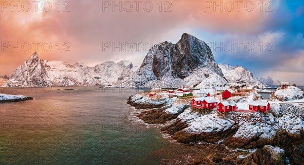 Panorama of famous tourist attraction Hamnoy fishing village on Lofoten Islands