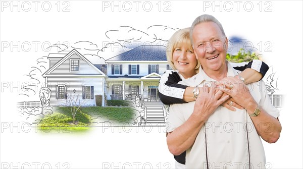 Happy hugging senior couple over house drawing and photo combination on white