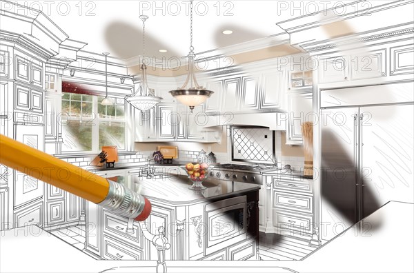 Pencil erasing drawing to reveal finished custom kitchen design photograph