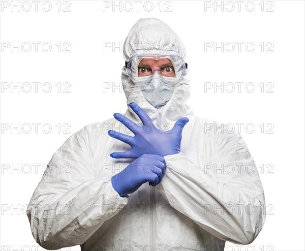 Man with intense expression wearing HAZMAT protective clothing isolated on A white background