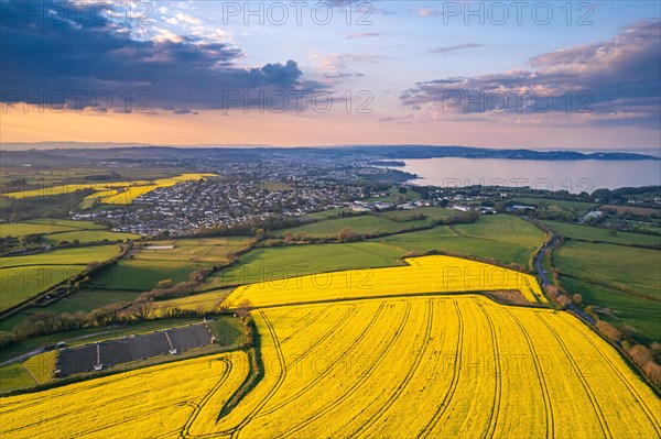 Sunset over Devon Fields and Farmlands from a drone