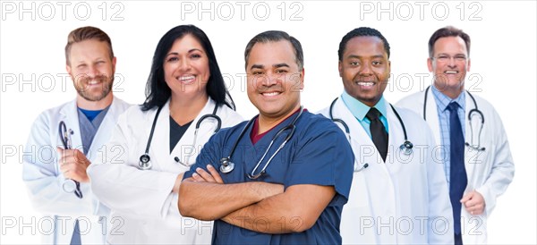 Group of mixed-race female and male doctors isolated on white