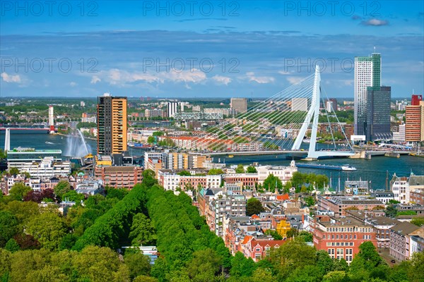 View of Rotterdam city and the Erasmus bridge Erasmusbrug over Nieuwe Maas river from Euromast