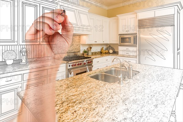 Hand drawing custom kitchen design with gradation revealing photograph