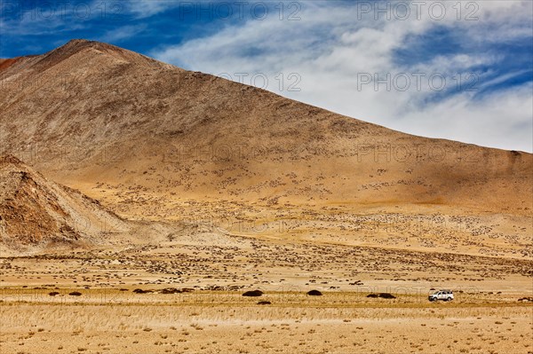 Car in Himalayas. Near Tso Kar lake