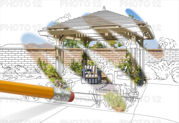 Pencil erasing drawing to reveal finished pergola patio cover design photograph