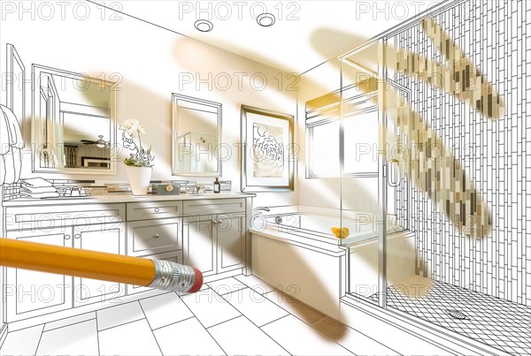 Pencil erasing drawing to reveal finished custom bathroom design photograph