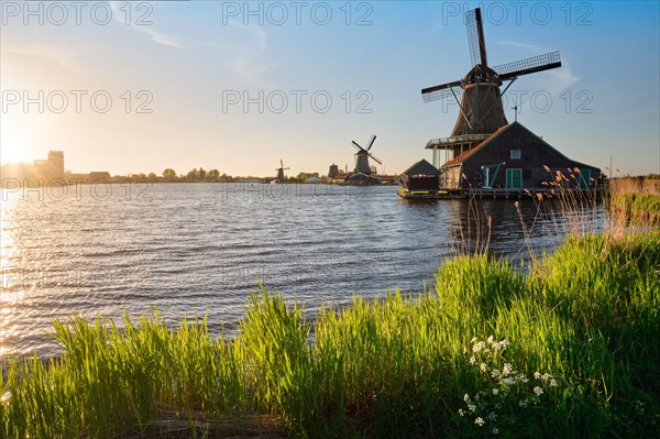 Windmills at famous tourist site Zaanse Schans in Holland on sunset. Zaandam