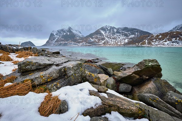 Rocky coast of fjord of Norwegian sea in winter with snow. Haukland beach