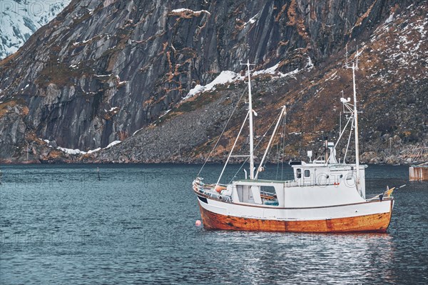 Ship fishing boat in Hamnoy fishing village on Lofoten Islands