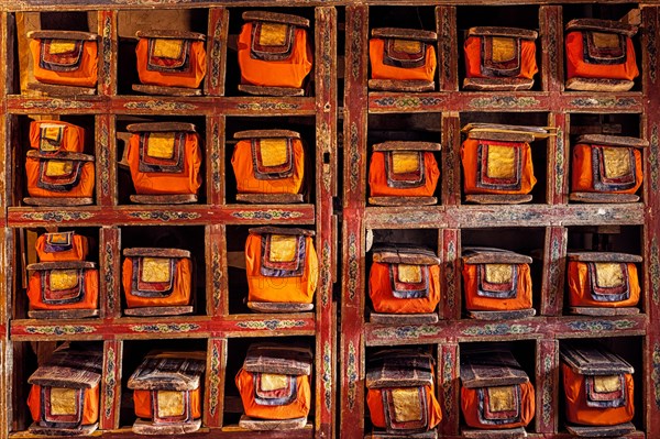 Folios of old manuscripts in library of Thiksey Gompa