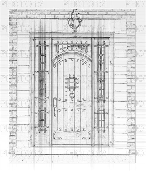 Artist rendering sketch of beautiful luxury residential front door on white
