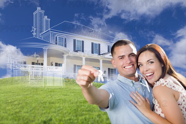 Happy military couple holding house keys with ghosted house drawing