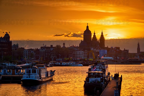 Amsterdam cityscape skyline with Church of Saint Nicholas