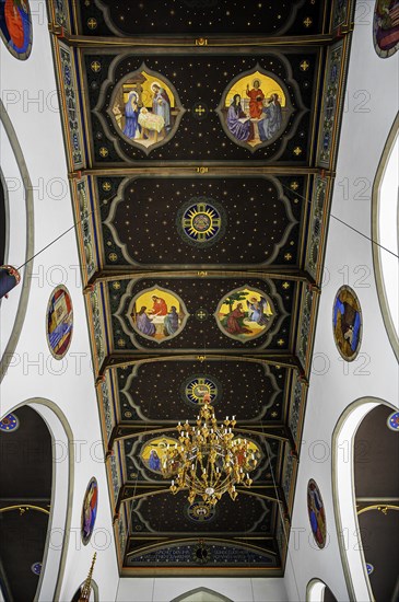 Coffered ceiling and chandelier