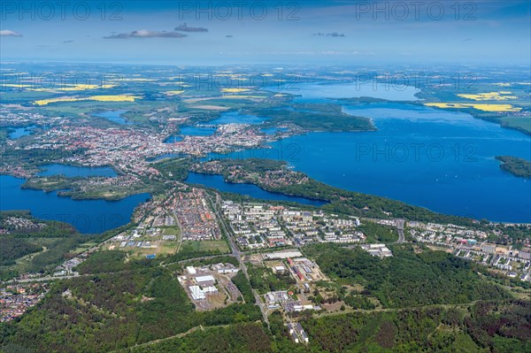 Aerial view of the state capital Schwerin at Lake Schwerin in the background the Baltic Sea