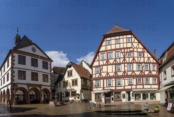 View of the pedestrian zone in the old town of Lohr am Main with half-timbered houses