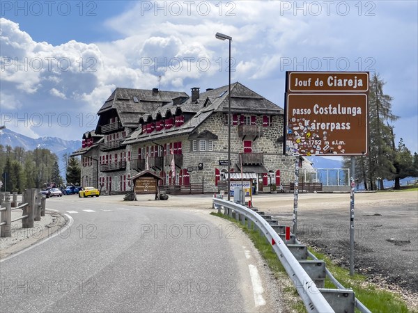 Pass summit of mountain pass Karerpass in Dolomites