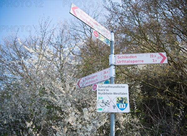 Signs for cyclists on the edge of the Eifel National Park