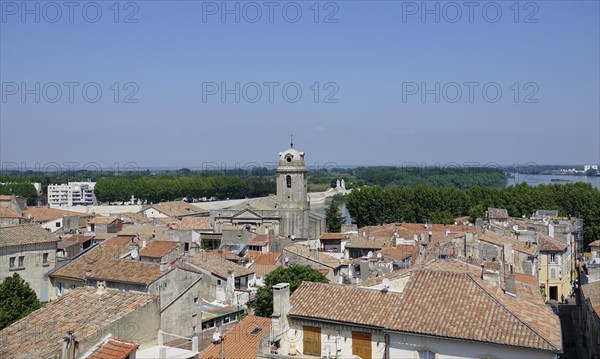 View from the amphitheatre over the old town of Arles with Eglise Saint-Julien and onto the river Rhone