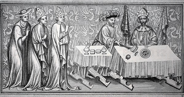 Beim Kroenungsmahl Kaiser Karls IV. wird vom Pfalzgrafen bei Rhein serviert und von der Geistlichkeit assistiert