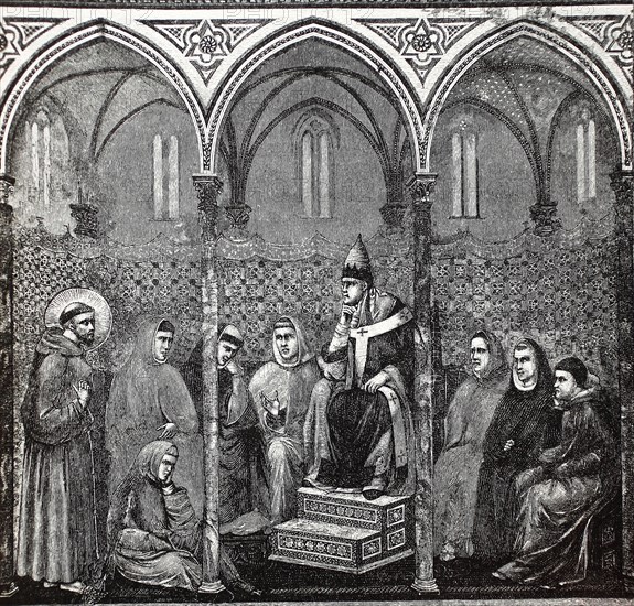 Franz von Assisi predigt zu Papst Honorius III. Fresko von Giotto in der Kirche S. Francesco in Assisi