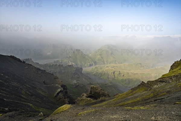 View of rugged mountains and valleys