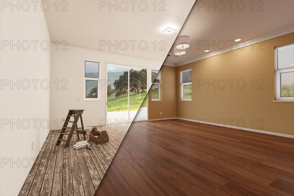 Unfinished raw and newly remodeled room of house before and after with wood floors