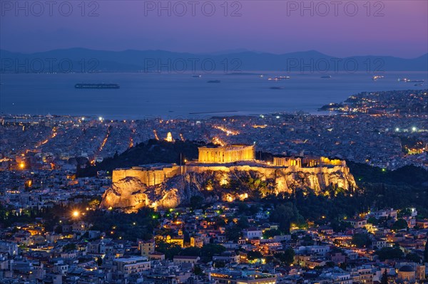 Parthenon Temple on hill is the antique tourist landmark at the Acropolis of Athens and ancient European civilization architecture on Aegean sea coast