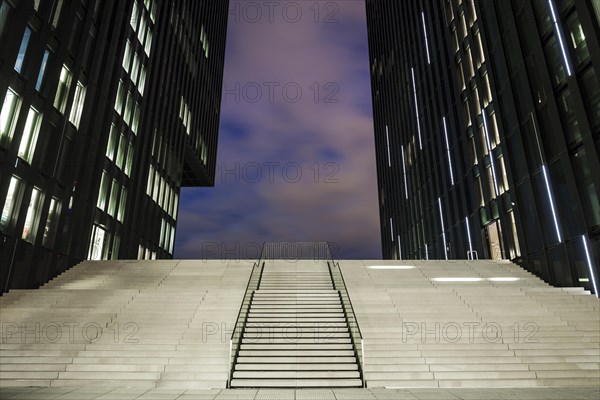 Stairs at the Hotel Hyatt Regency Duesseldorf at the tip of the harbour in the Media Harbour