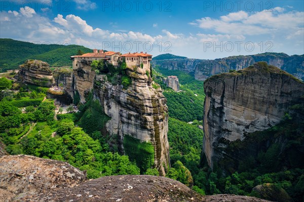 Monastery of Varlaam monastery and Monastery of Rousanou in famous greek tourist destination Meteora in Greece with scenic scenery landscape