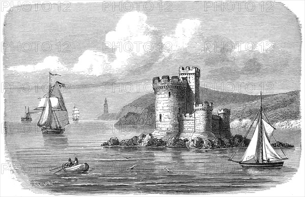 Watchtower and sailing ships on the coast of the Isle of Man in 1870