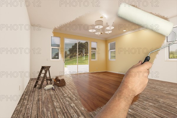 Before and after of man painting roller to reveal newly remodeled room with light yellow paint and new floors