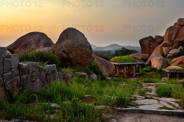 Ancient ruins in Hampi on sunset. Above Hampi Bazaar