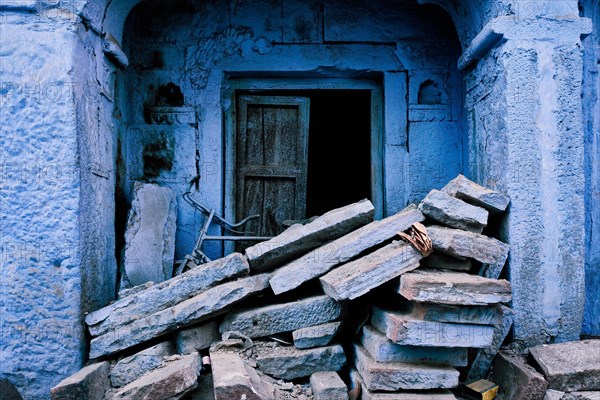 Blue house facade in streets of of Jodhpur