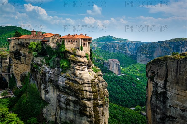 Monastery of Varlaam monastery and Monastery of Rousanou in famous greek tourist destination Meteora in Greece with scenic scenery landscape