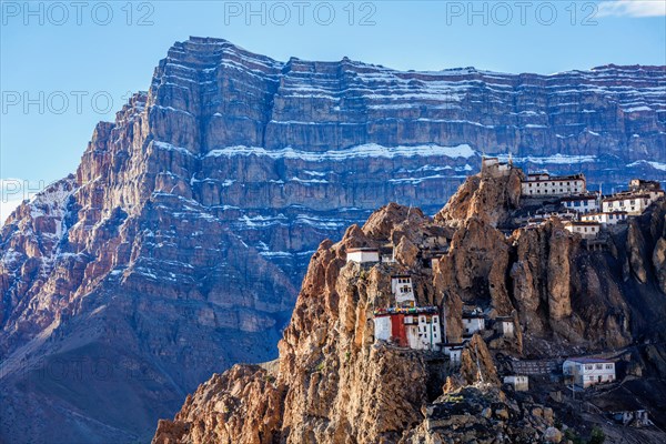 Famous indian tourist landmark Dhankar monastry perched on a cliff in Himalayas