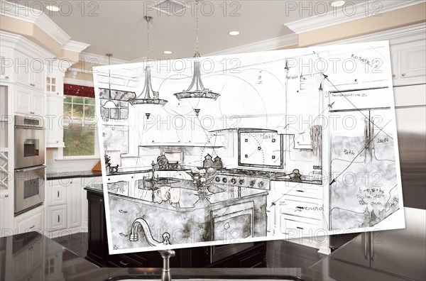 Beautiful custom kitchen design drawing on paper over finished photograph