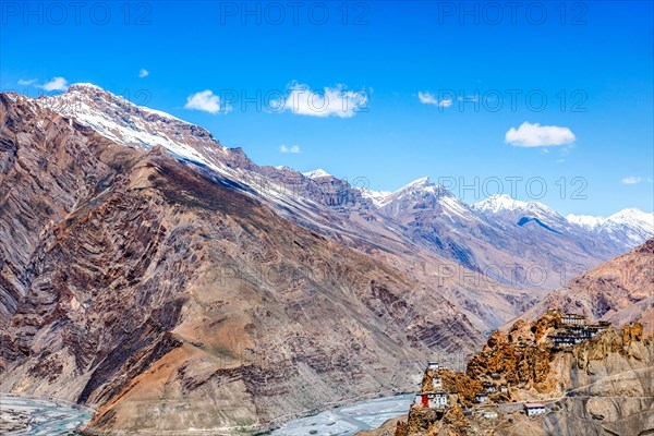 Famous indian tourist landmark Dhankar Monastery perched on a cliff in Himalayas. Dhankar